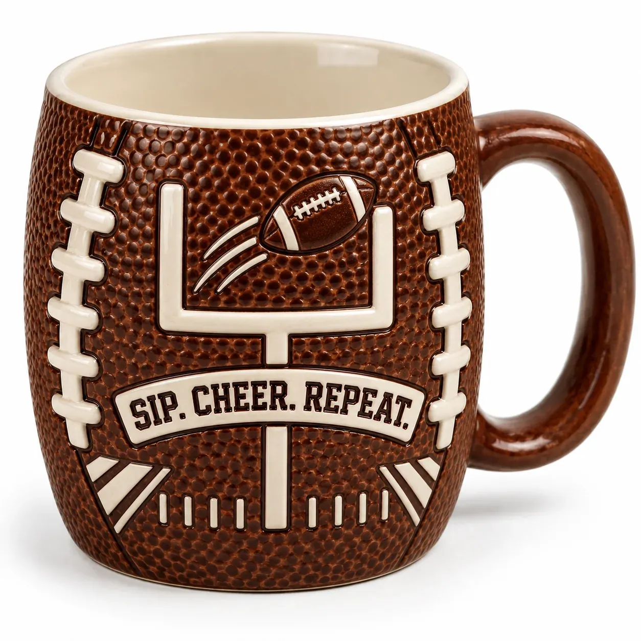 Sip Cheer Repeat football ceramic mug with goalpost artwork