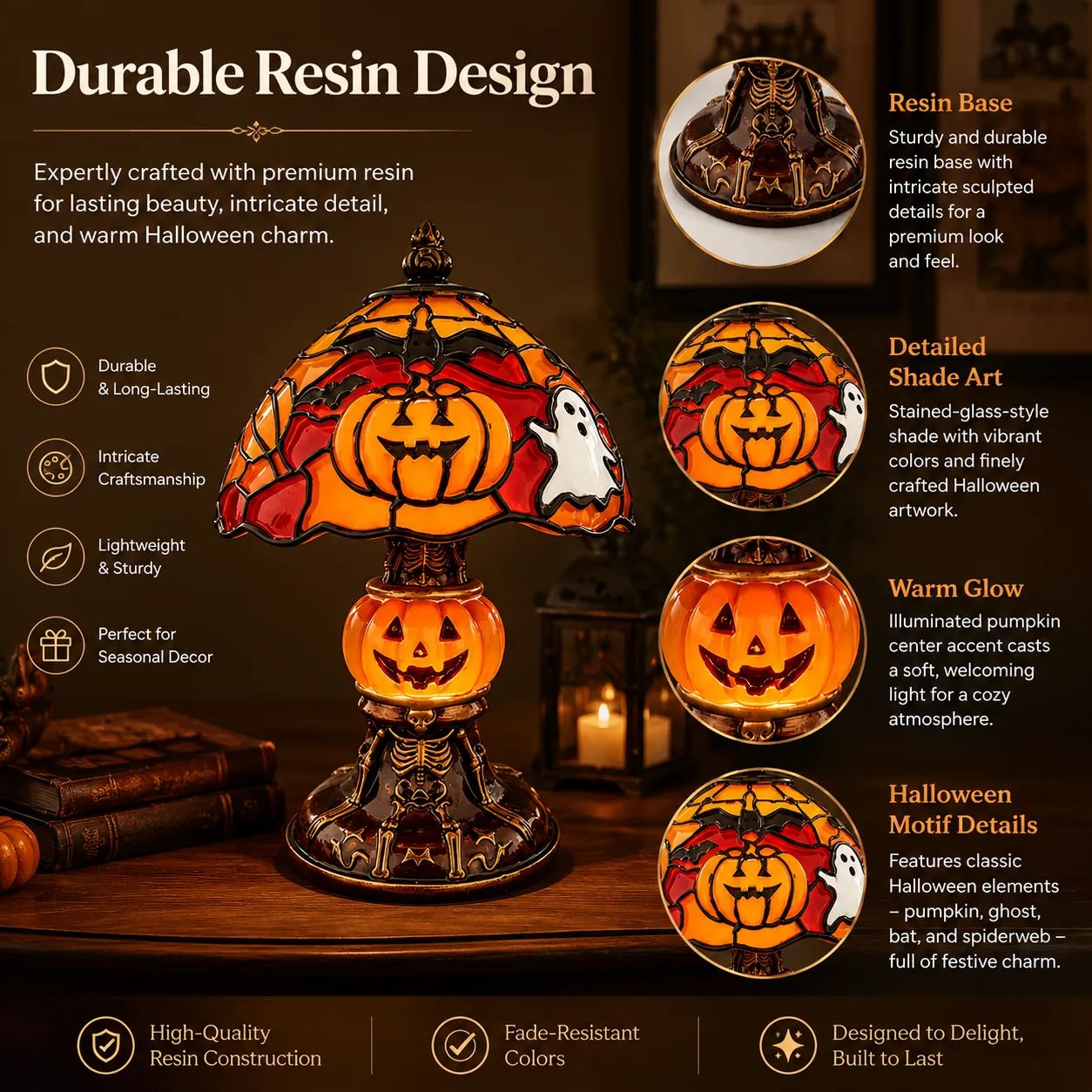 Close details of the resin base, glowing pumpkin, and stained-glass-style shade