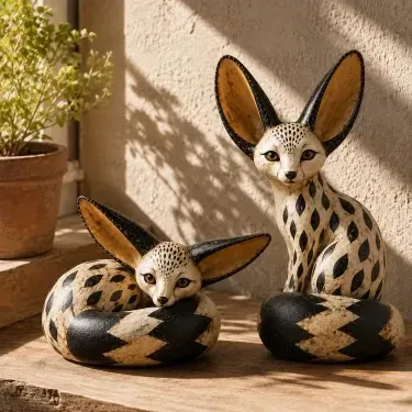 Vintage Fennec Fox Sitting and Resting sculpture set