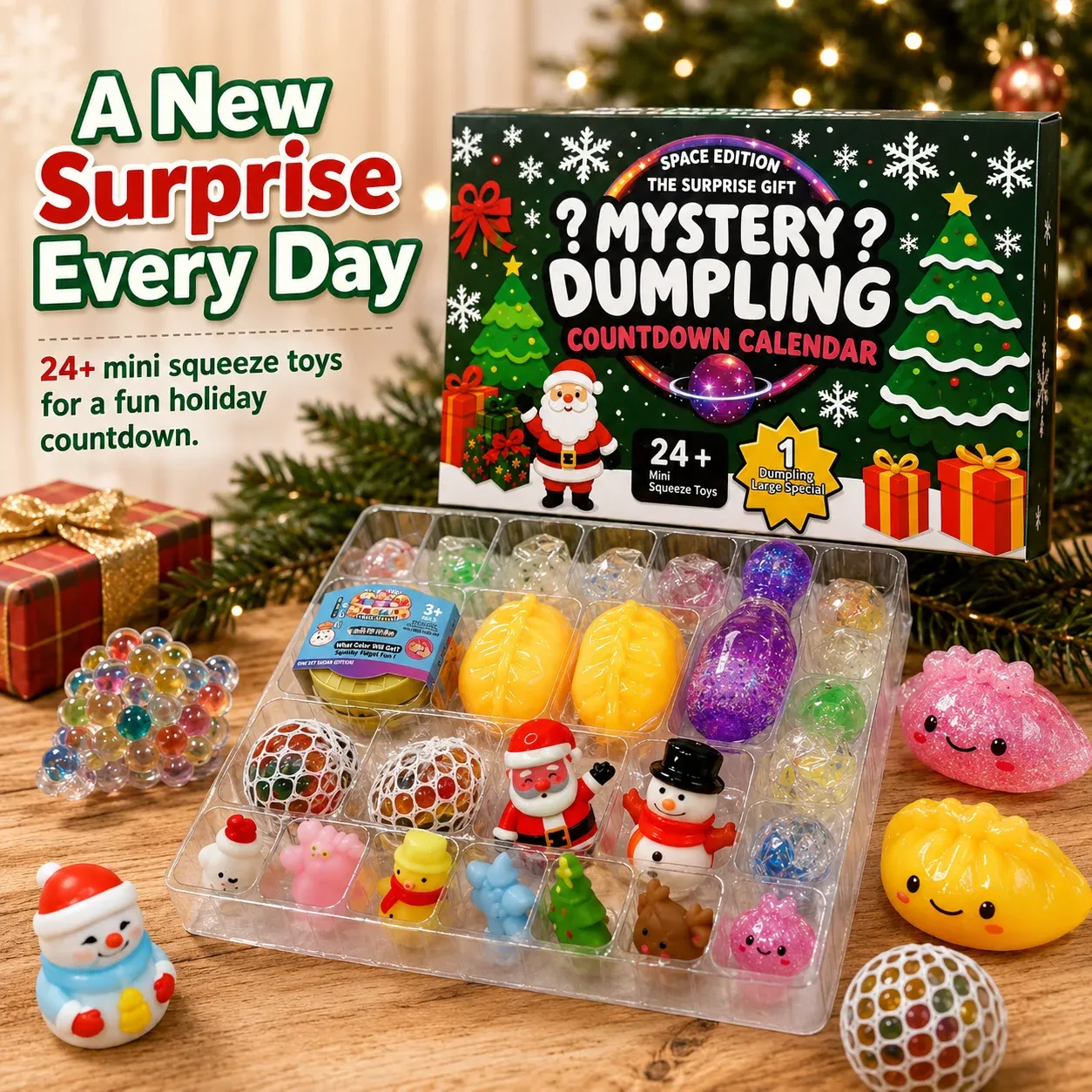 Mystery Dumpling Christmas countdown calendar with assorted mini squeeze toys