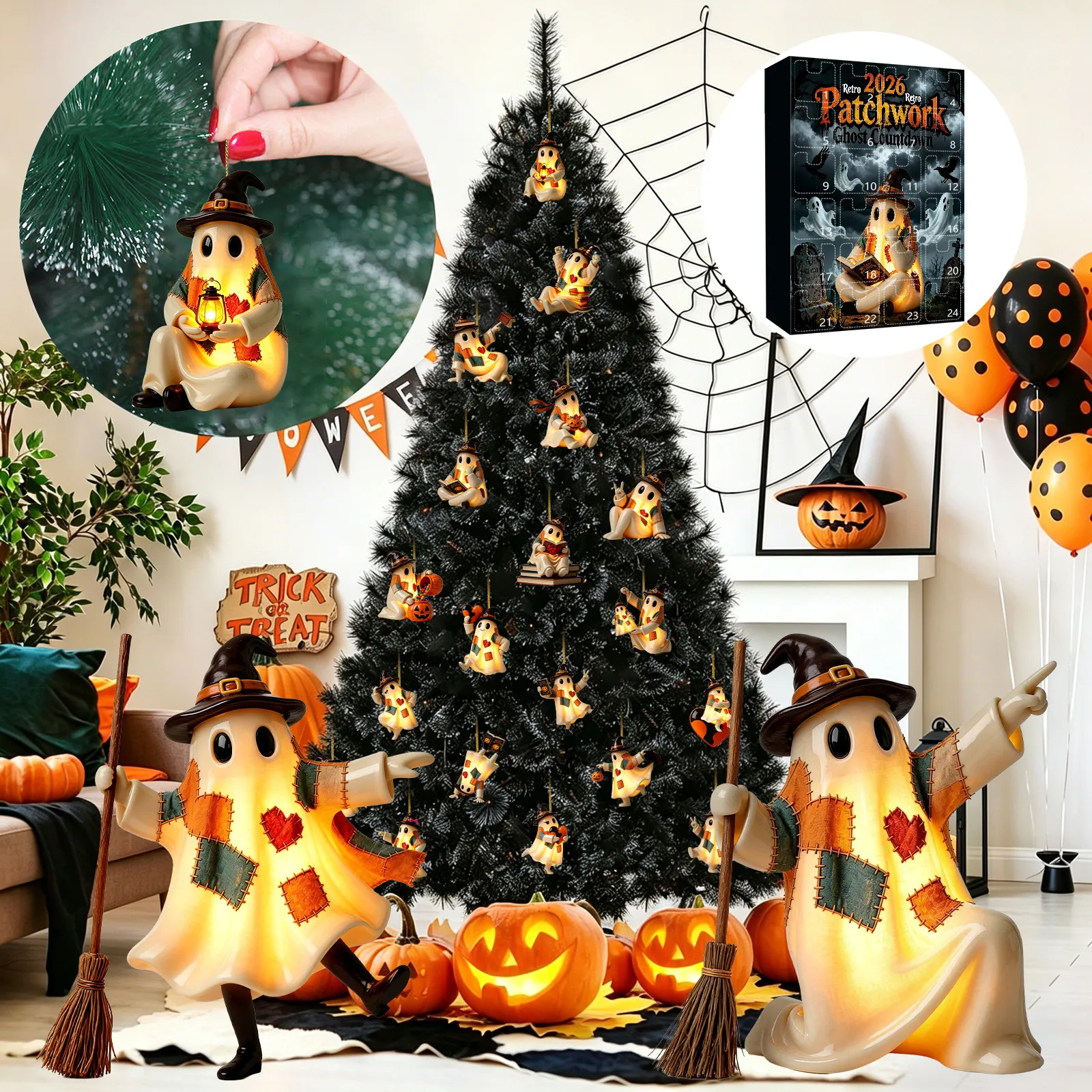 Patchwork ghost countdown box and flat ornaments displayed on a Halloween tree