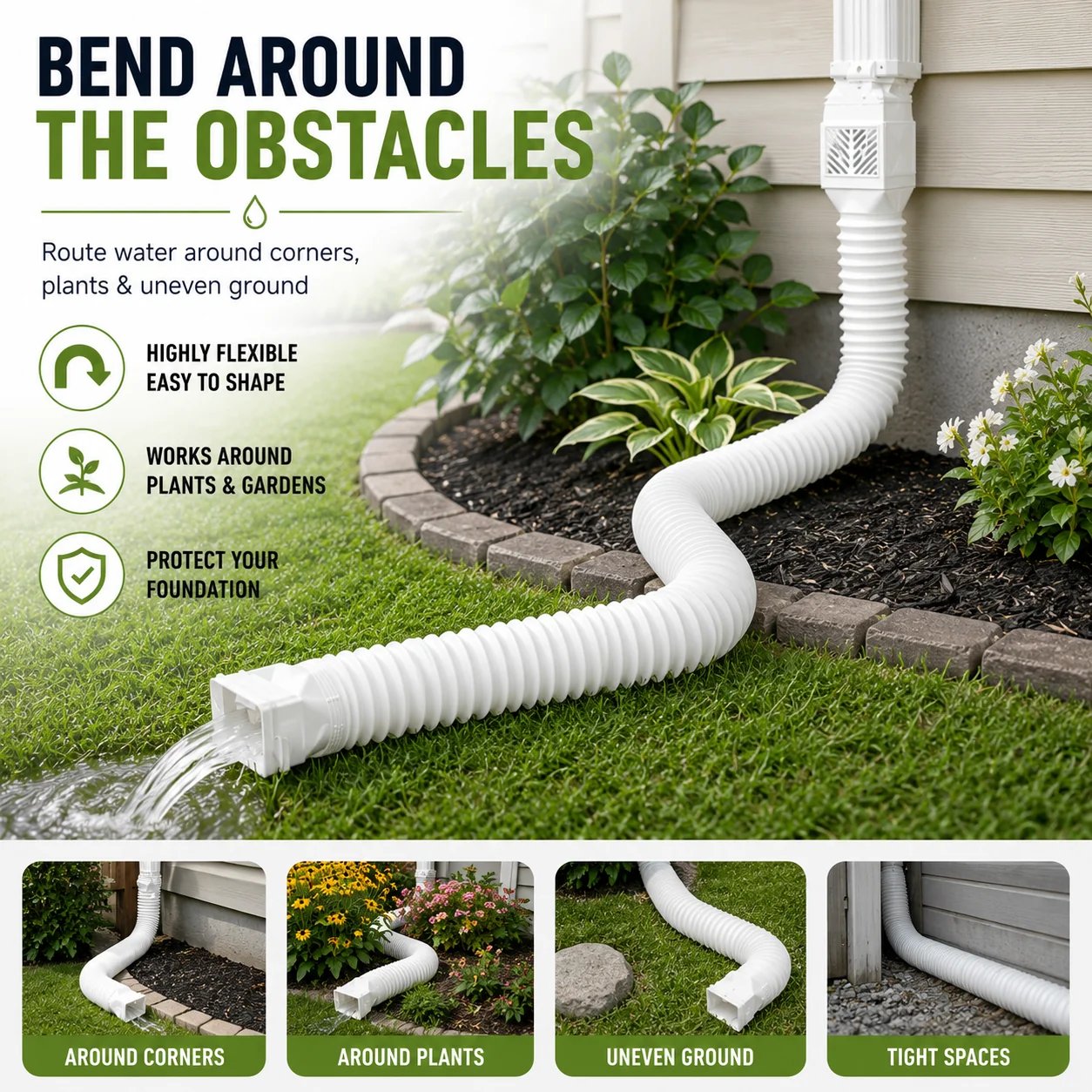 Flexible downspout pipe routed around landscaping and garden borders