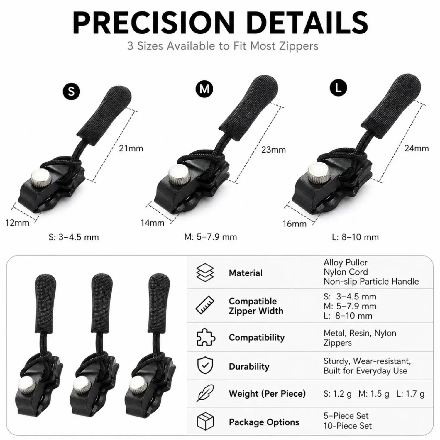 Zipper repair slider sizes S M and L with measurements