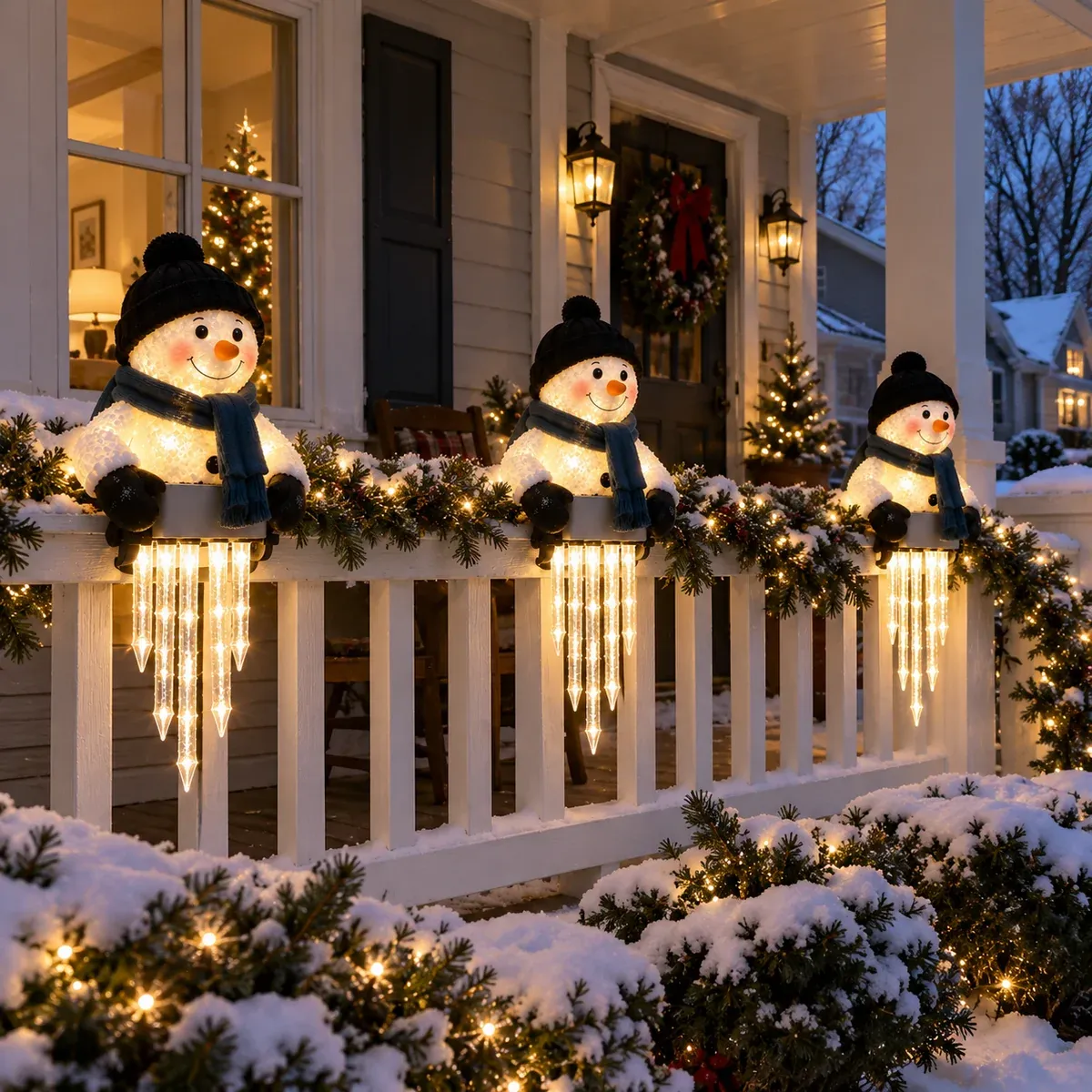 Three snowman lights displayed together on a porch railing
