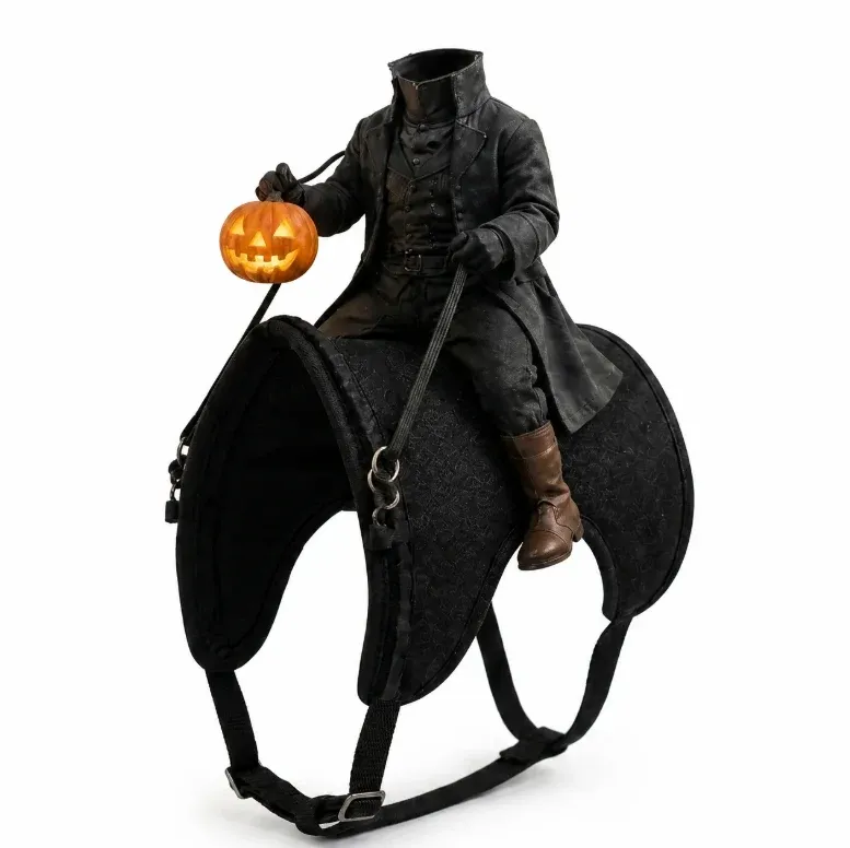 Headless Horseman pet costume saddle and adjustable strap construction