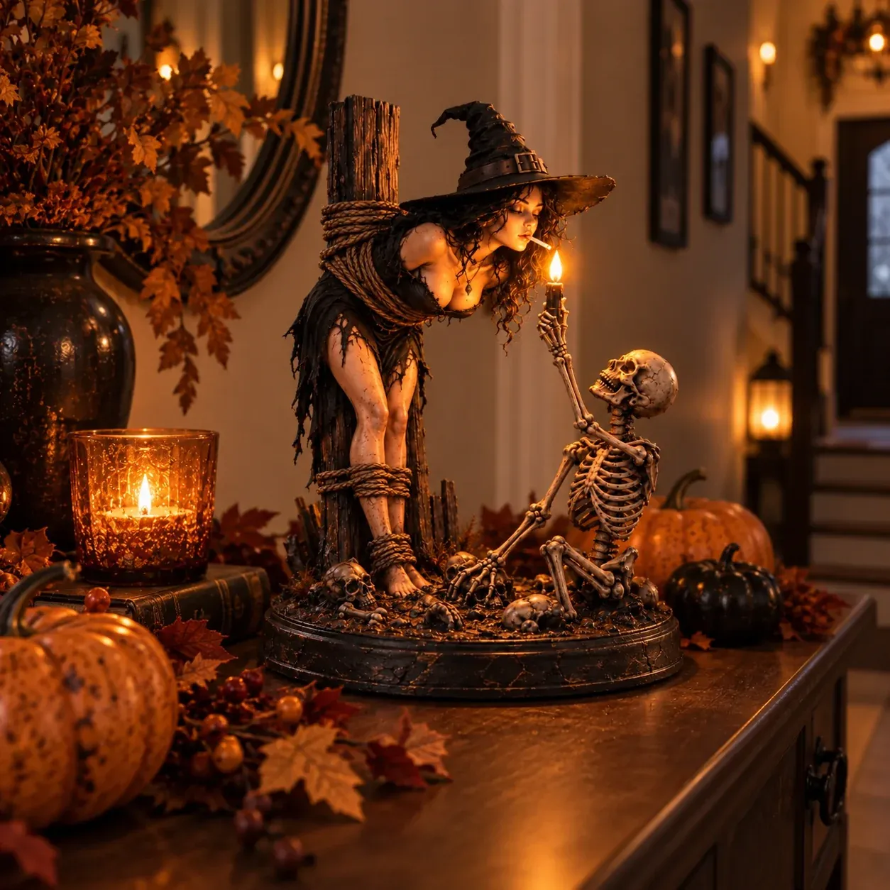 Gothic Halloween witch and skeleton tabletop display
