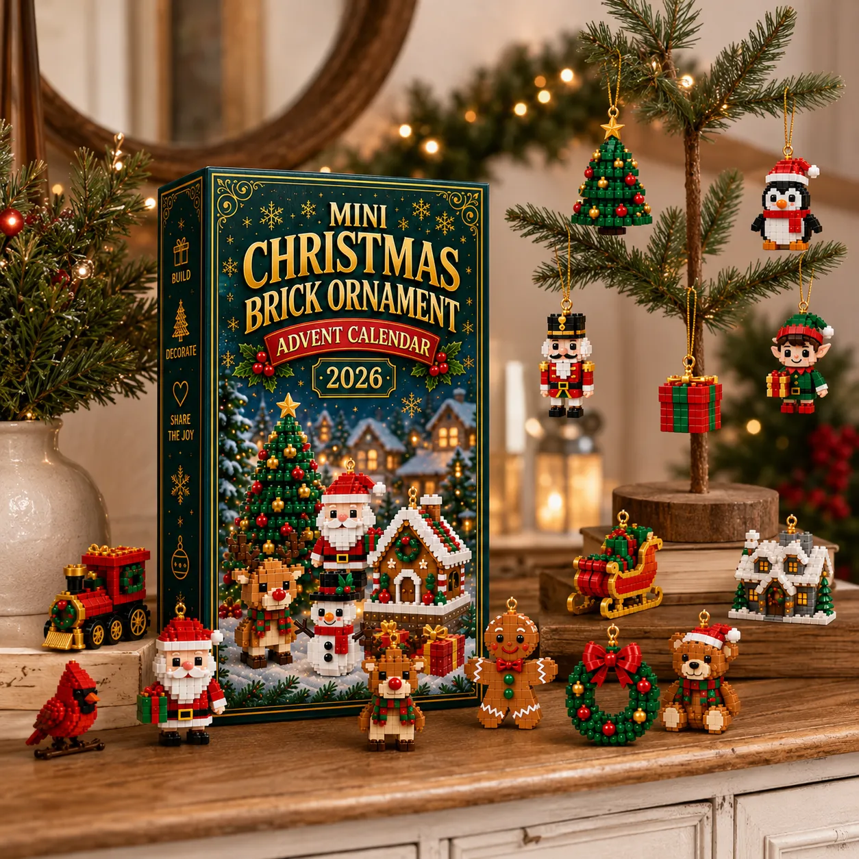 Mini Christmas ornaments displayed on a tabletop tree and console