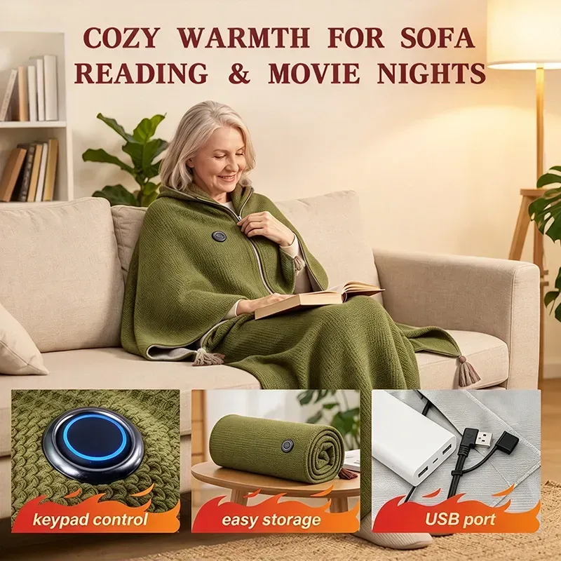 Woman reading in a green shawl, with inset views of the control, folded shawl, and USB connection