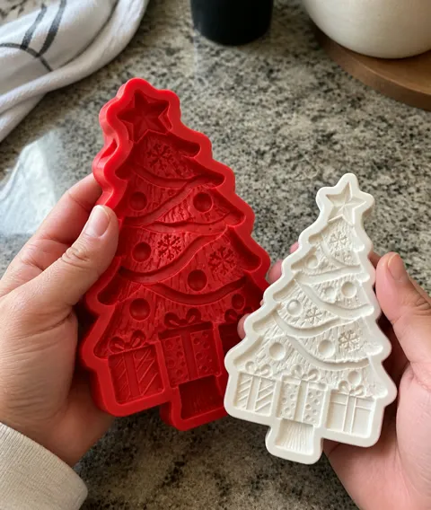 Hands holding the red mold and a freshly released white Christmas tree casting
