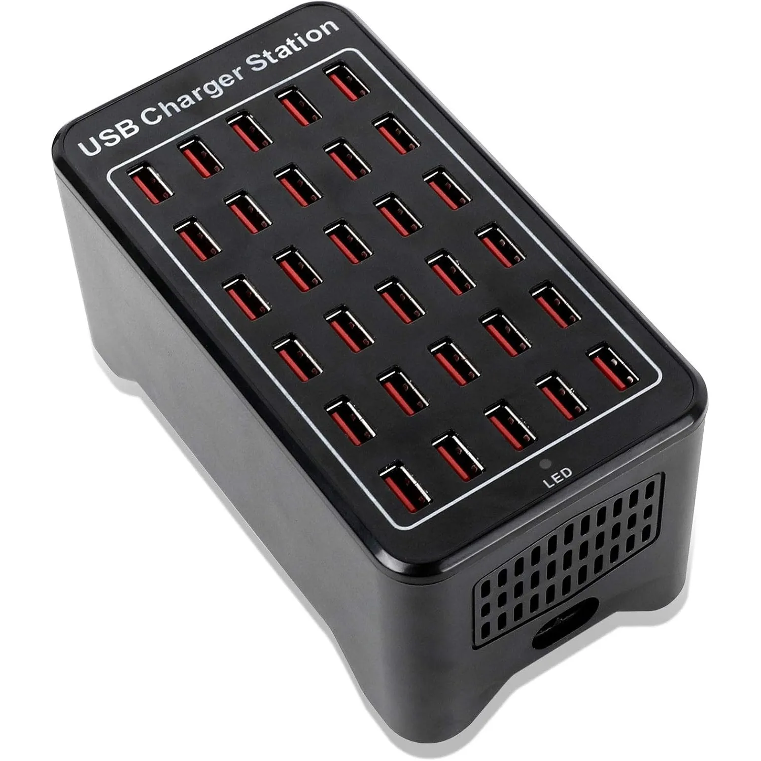 Close view of the compact 30-port USB charging station