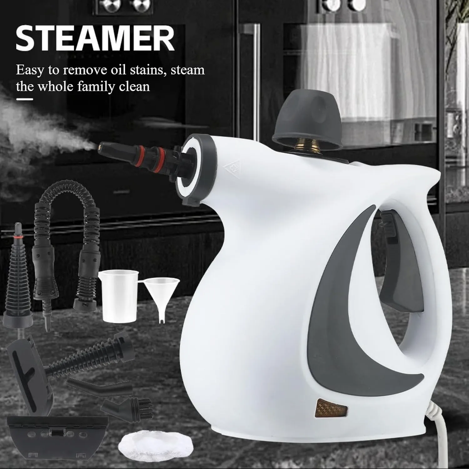 White handheld steam cleaner and included attachment set