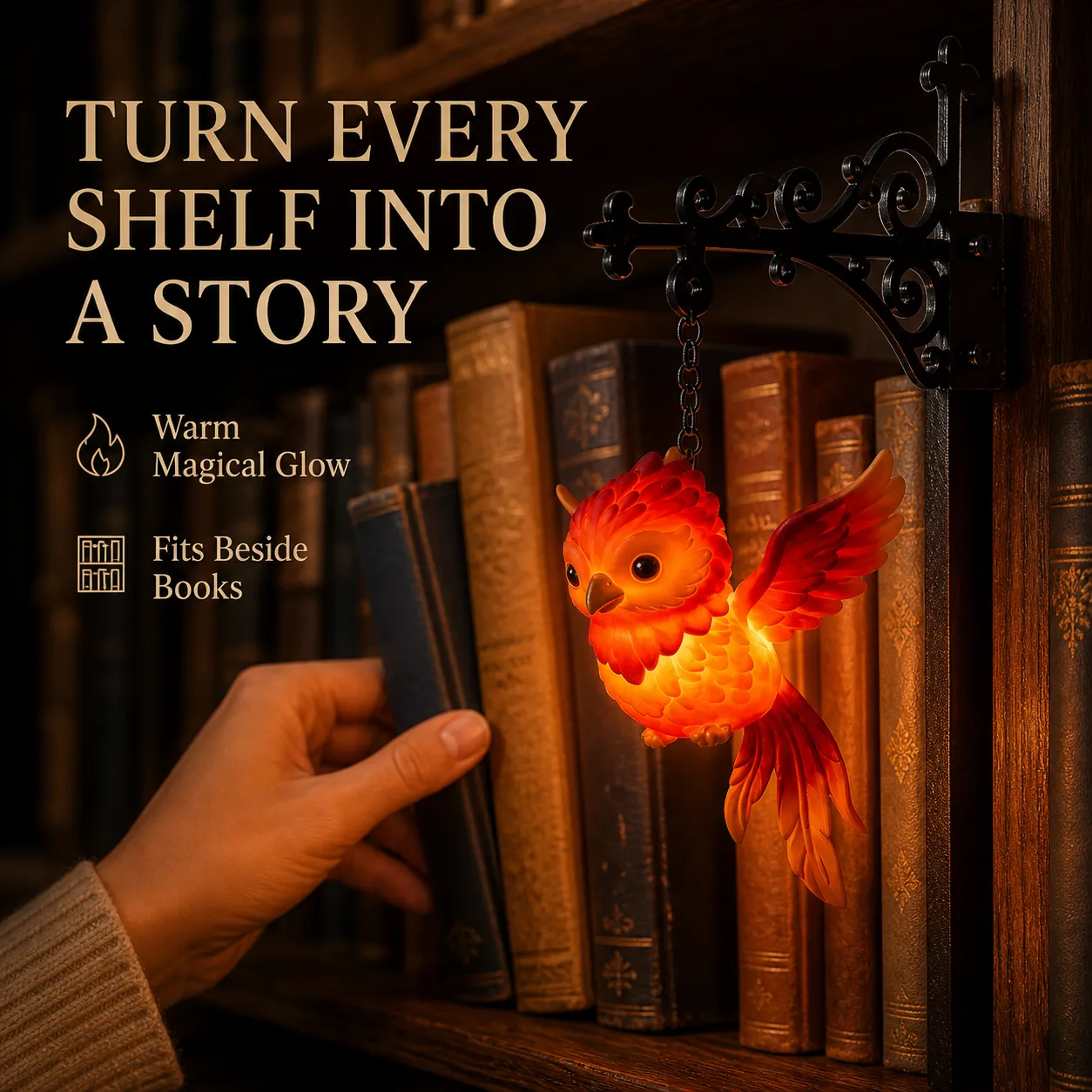 Glowing phoenix light beside vintage books