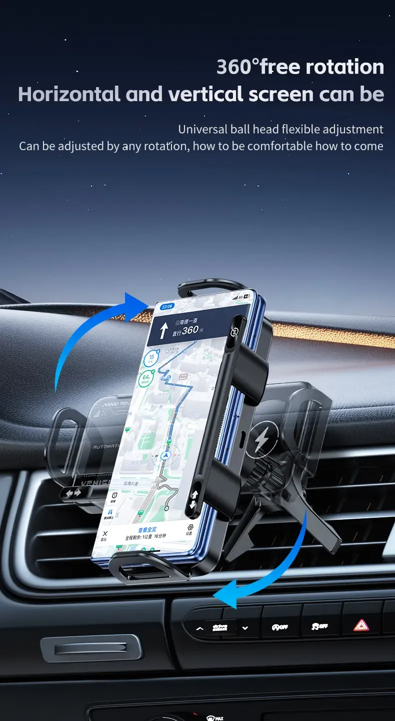 Product Introduction of Wireless Charging Phone Holder Car Mount for Folding Screen/Universal Smartphone, 90° Rotating Car Mount Output Power 15W, Super Stable Air Vent Cell Phone Car Mount with Hook Clip, One Button Release for iPhone, Samsung, Google, and Other Smartphone 7