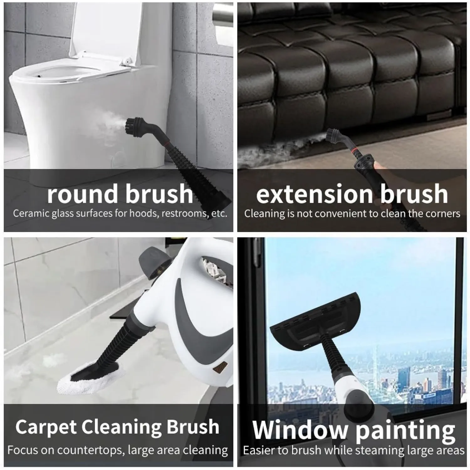 Steam cleaner attachments used on multiple household surfaces