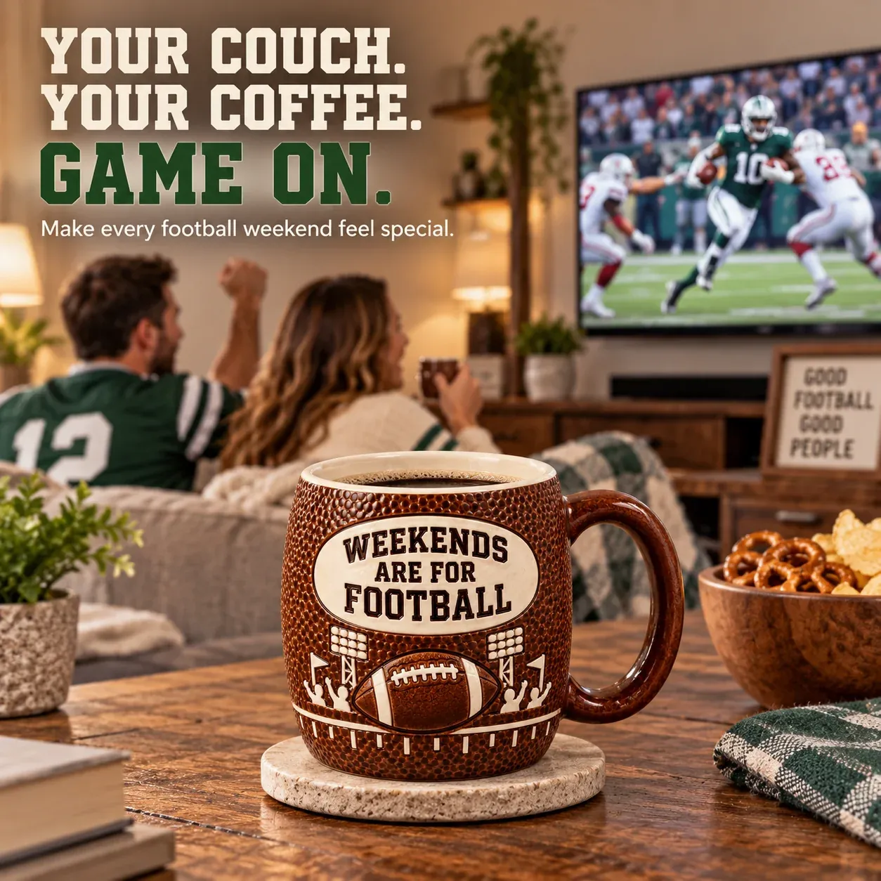 Weekends Are for Football ceramic mug beside a televised game