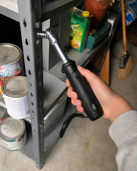 Customer-style smartphone photo using the black power ratchet on garage shelving