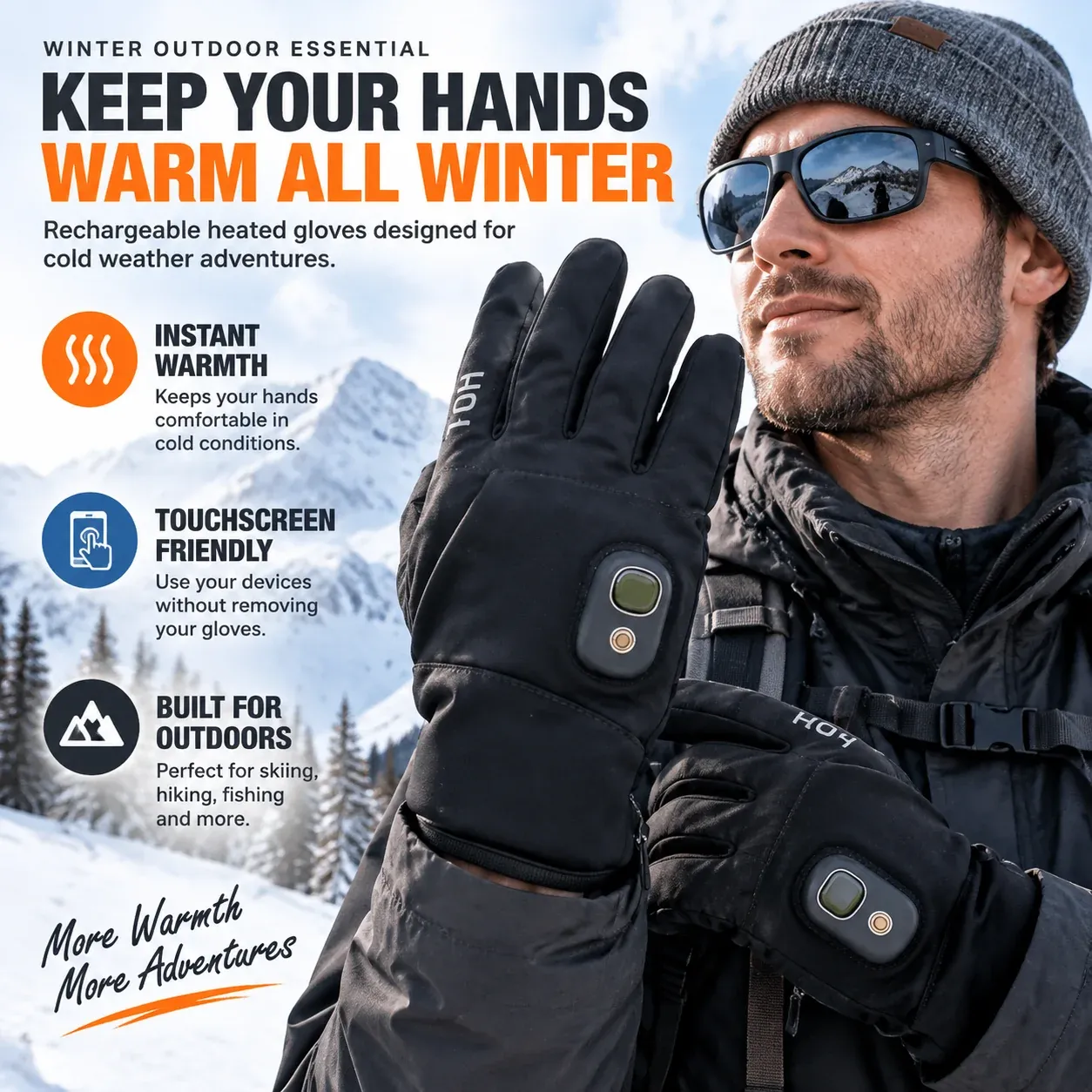 Rechargeable heated gloves for winter outdoor activities