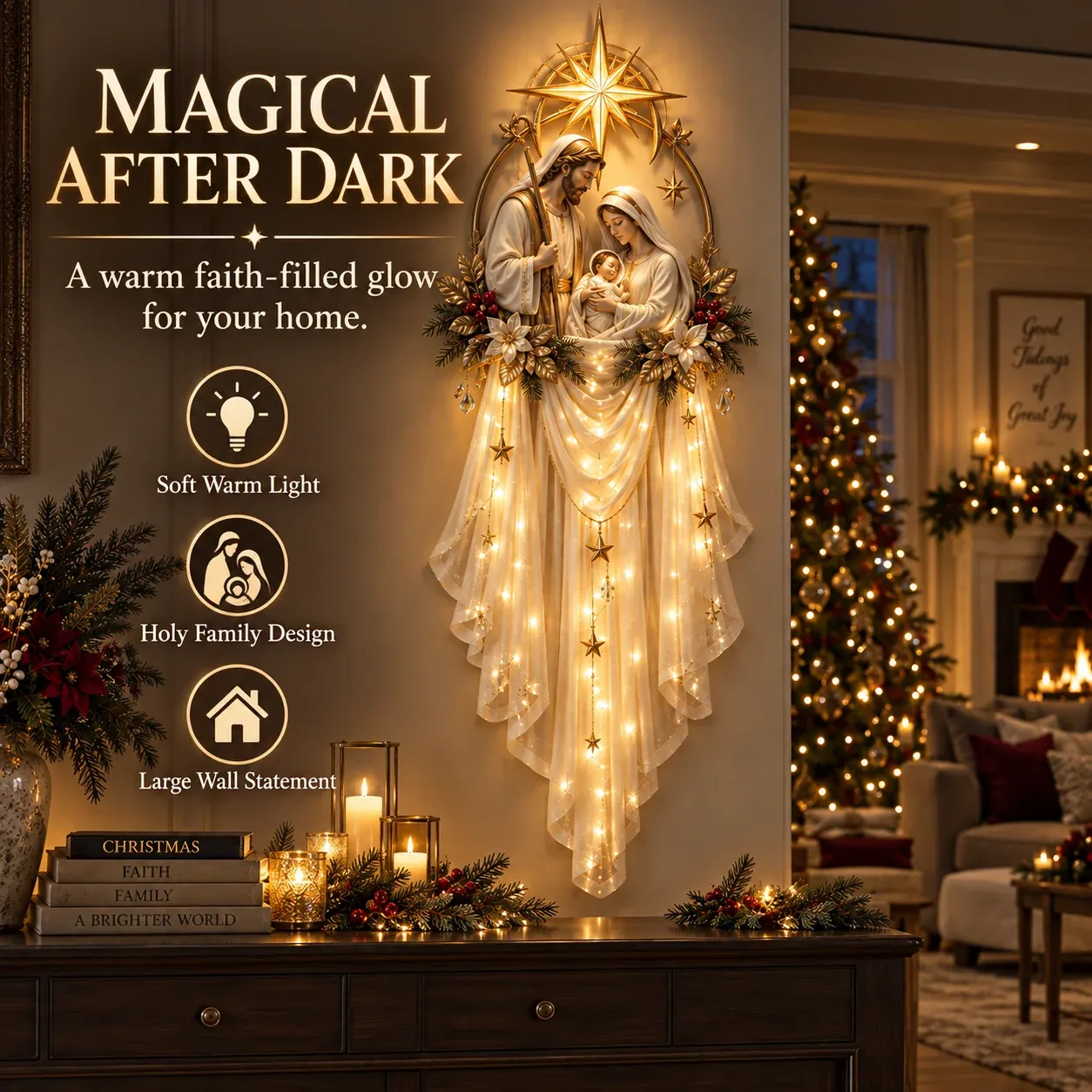 Holy Family Star Veil Cascade Lighted Nativity Christmas Wall Decor