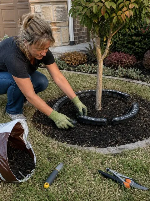 Installing four curved tree lights in a front-yard garden bed