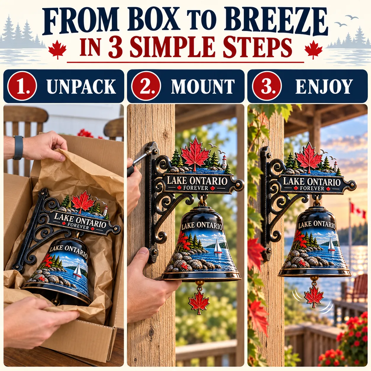 Three steps to unpack, mount and enjoy the Lake Ontario hanging bell