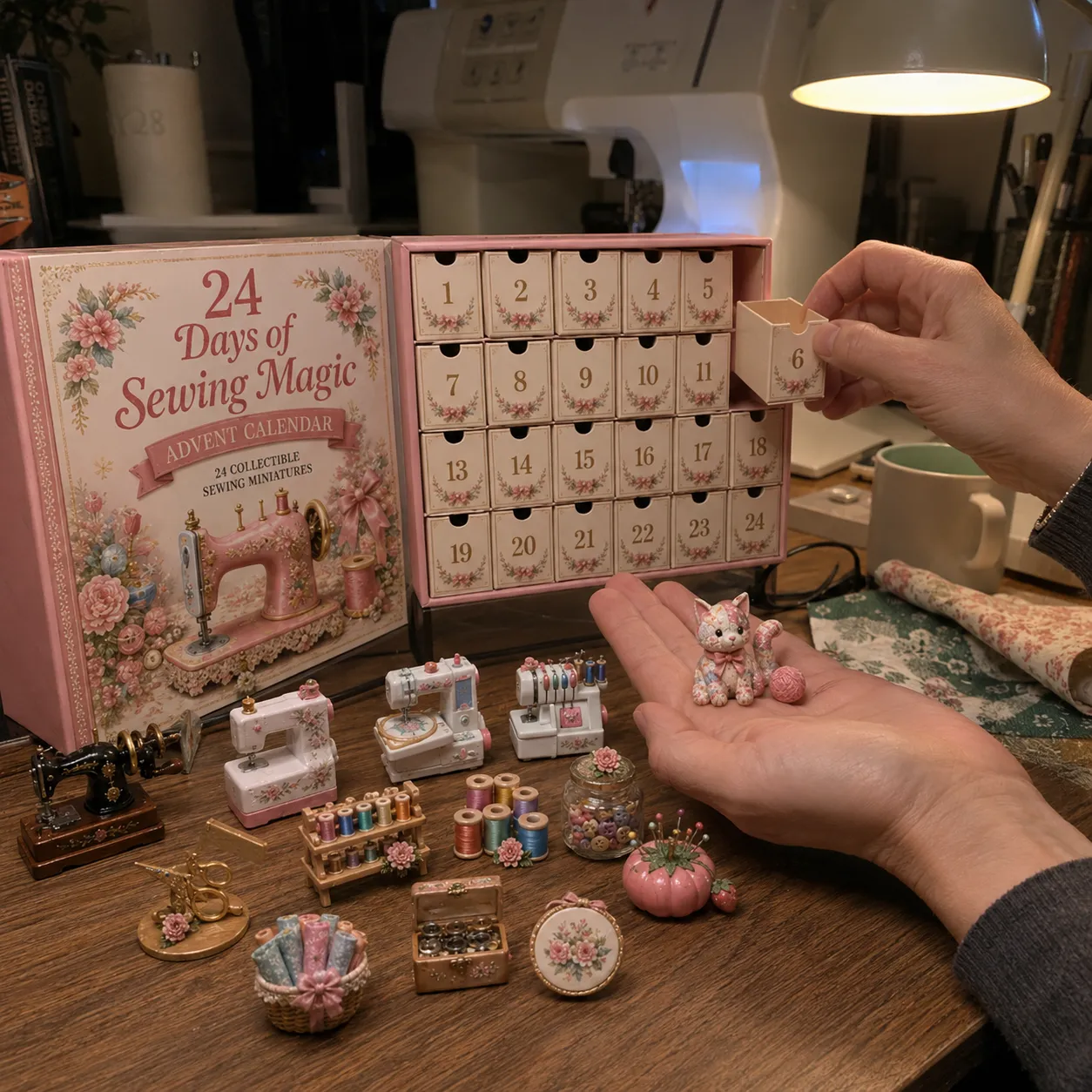 Opening a numbered drawer and holding a patchwork cat miniature