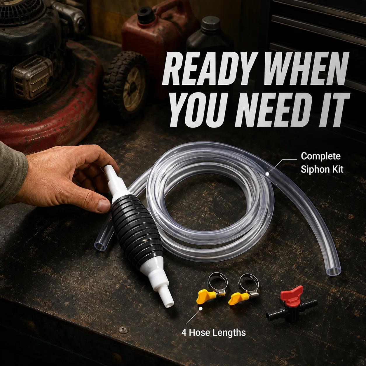 Complete manual siphon kit with pump bulb, hose, clamps, and inline switch
