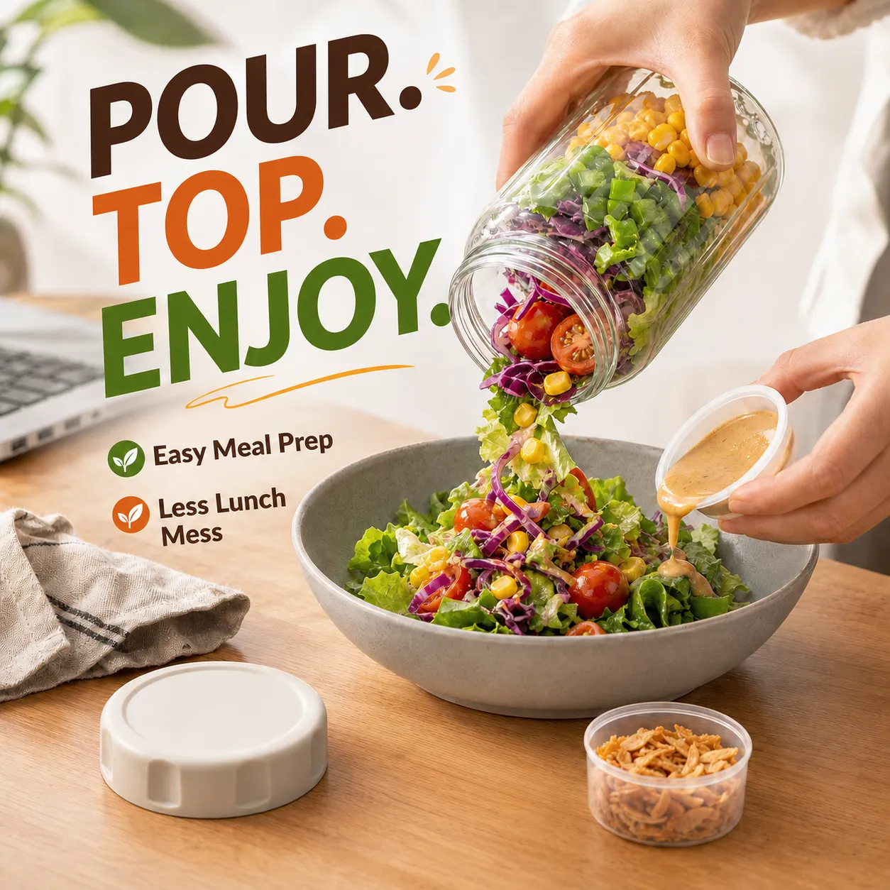 Salad jar being poured into a bowl with dressing added separately