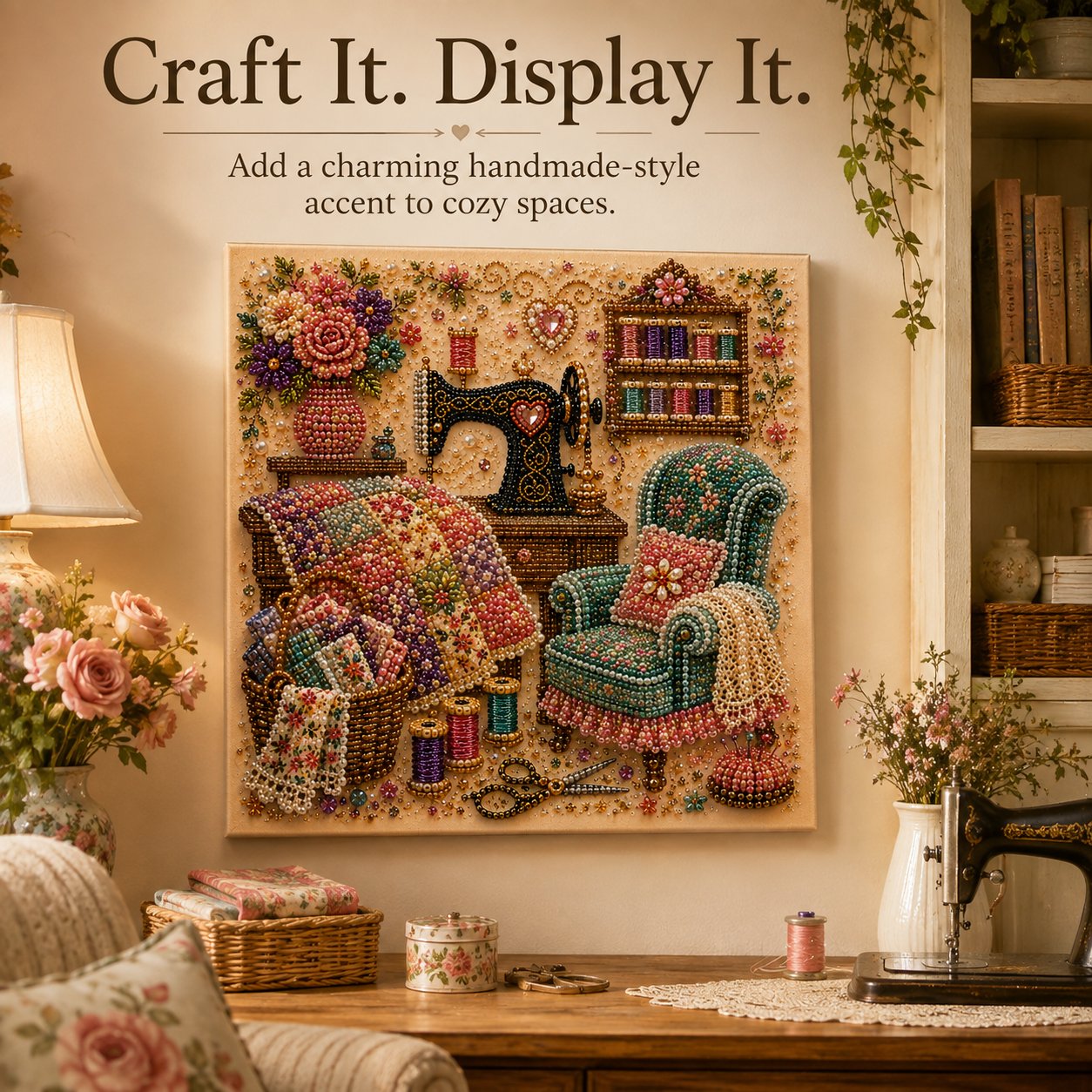 Finished sewing room bead artwork displayed in a warm and cozy craft room