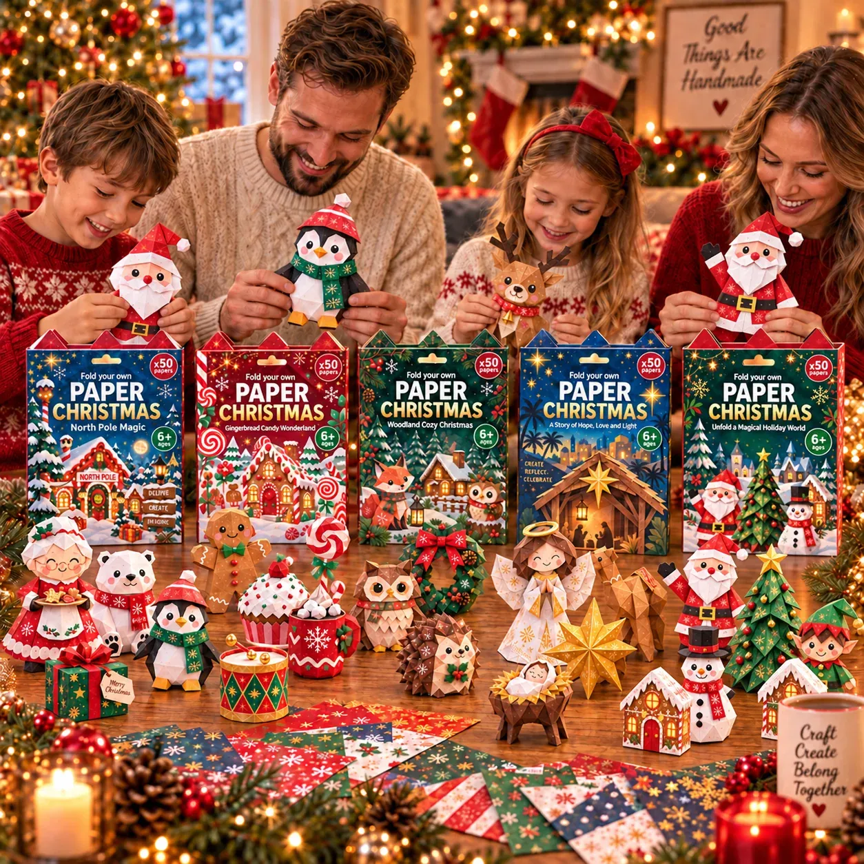 Family creating Paper Christmas crafts together