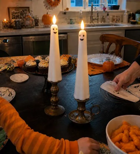 Two smiling ghost candles on a family Halloween table