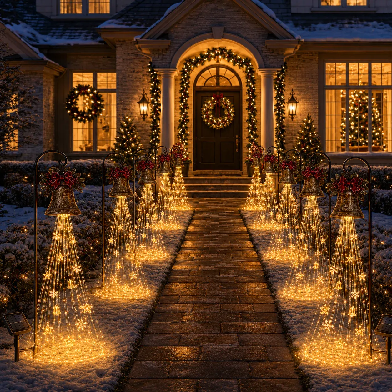 Multiple Christmas bell cascade lights lining a snowy front walkway