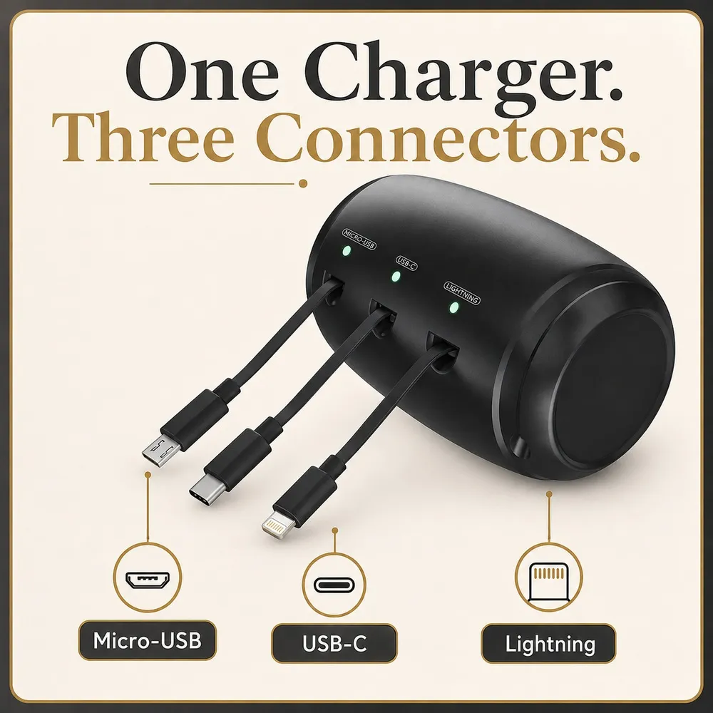 Micro-USB, USB-C and Lightning connector options