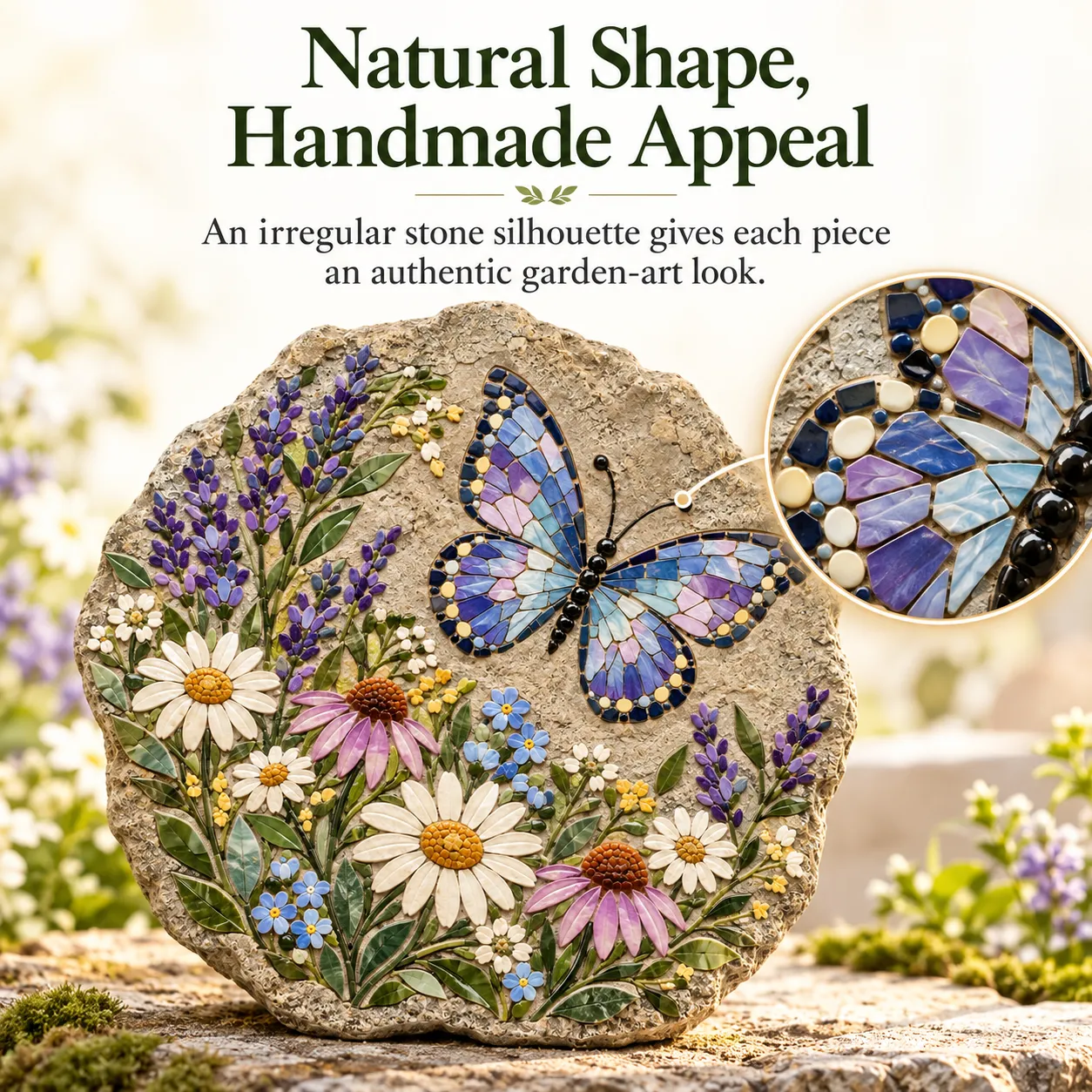 Blue purple butterfly surrounded by daisies lavender and wildflowers in mosaic garden stone