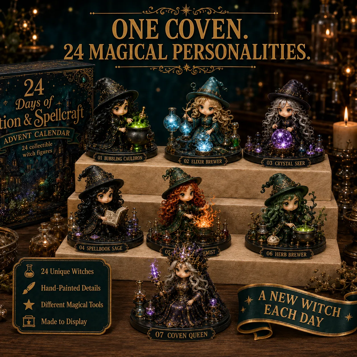 Close-up details of hand-painted collectible witch figures