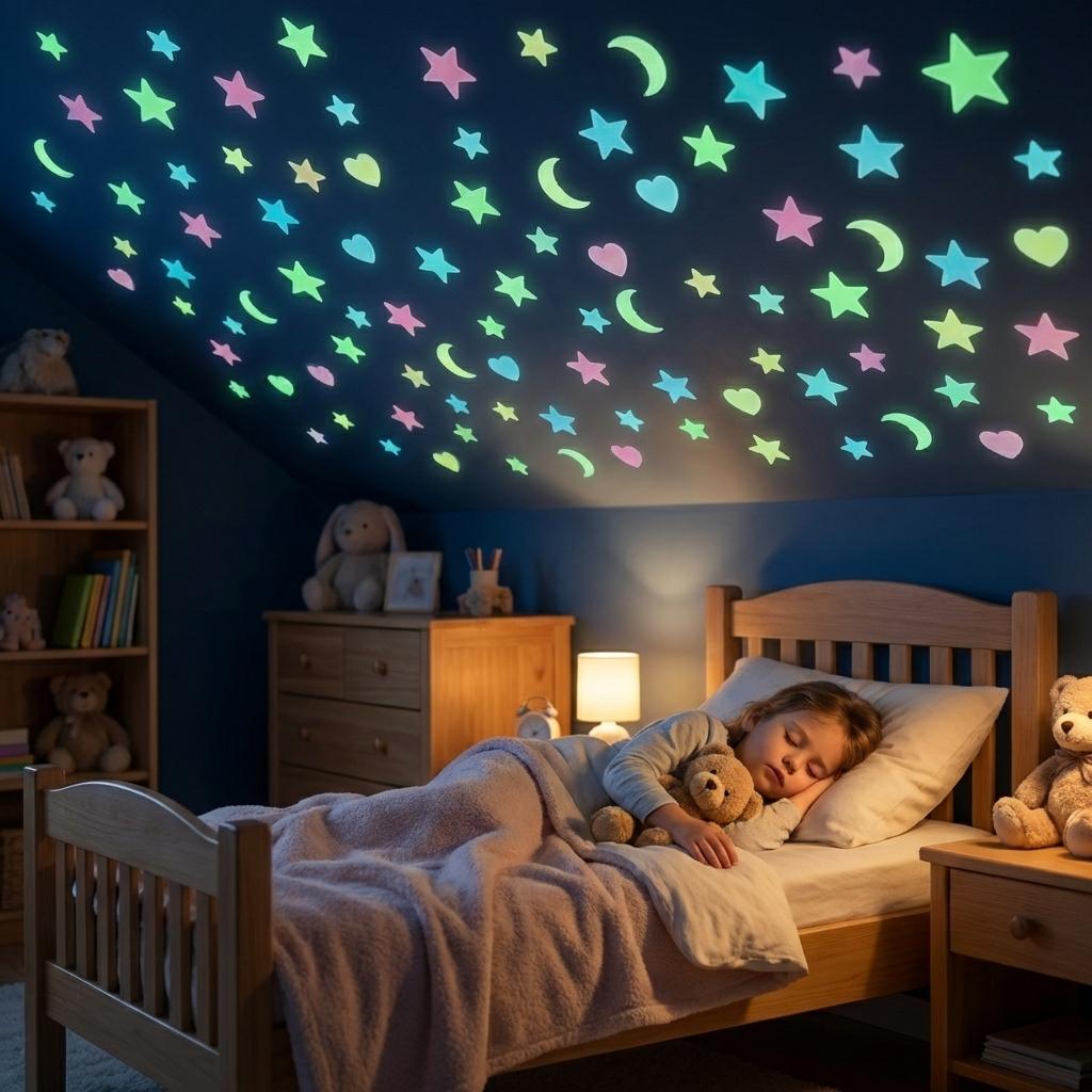 100/200/300 Glow in the Dark Stars Stickers Mixed Color Luminous Fluorescent Reusable Plastic Wall Stickers Ceiling Stars Decal Space Galaxy Night Sky Bedroom Ceiling Decor Kids Room Nursery Home Decor