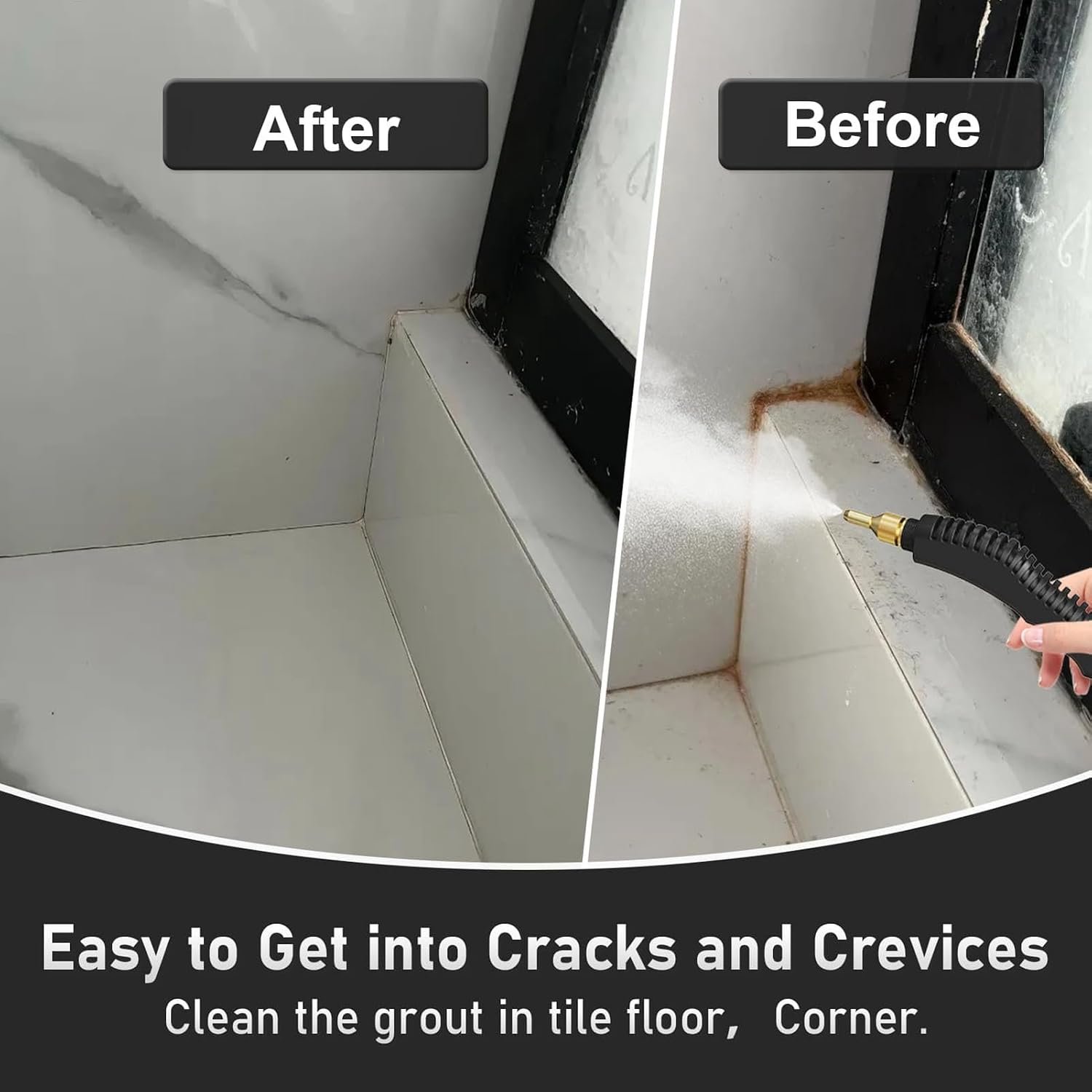 Before and after example of steam cleaning bathroom grout and fixtures