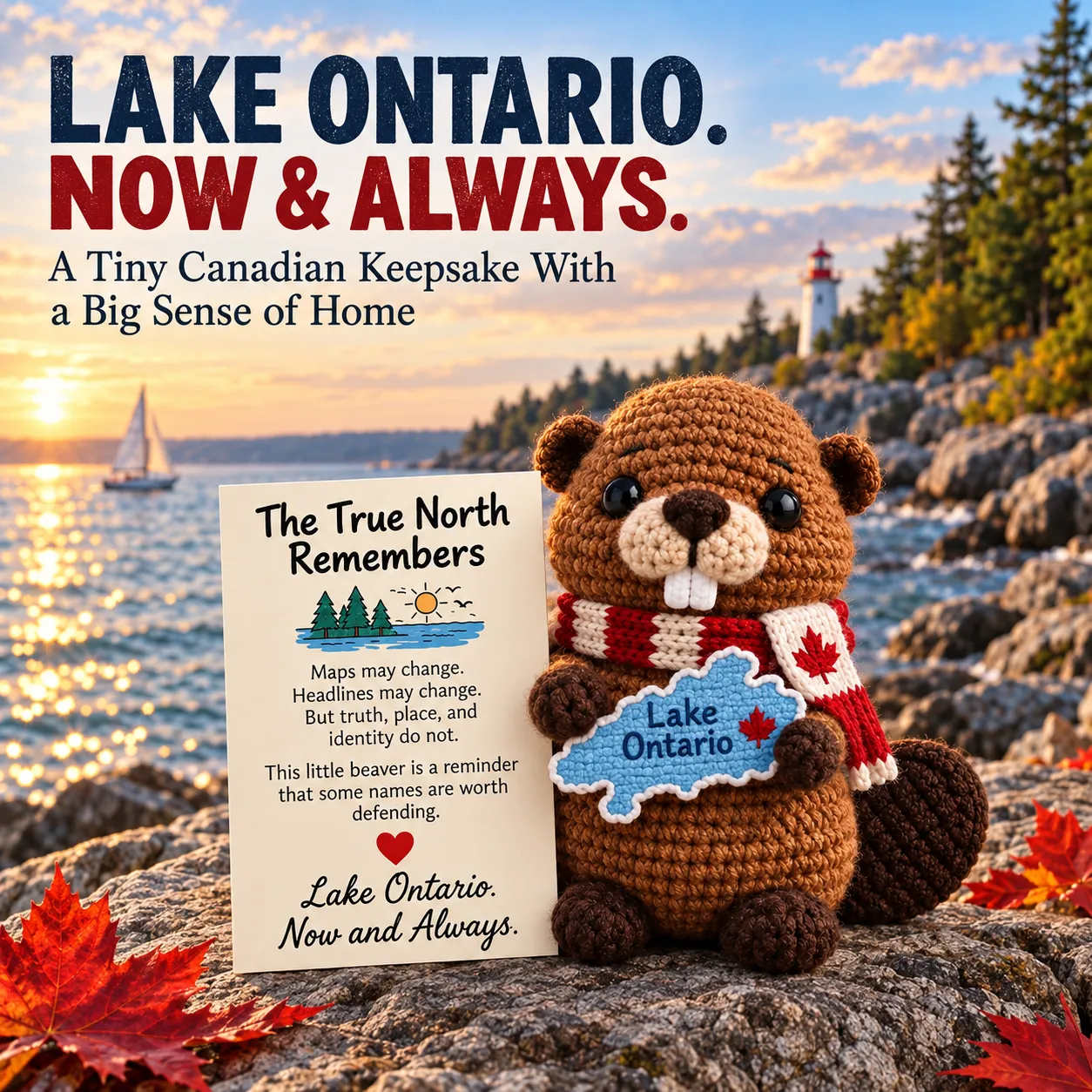 Lake Ontario emotional support beaver crochet keepsake beside the lake