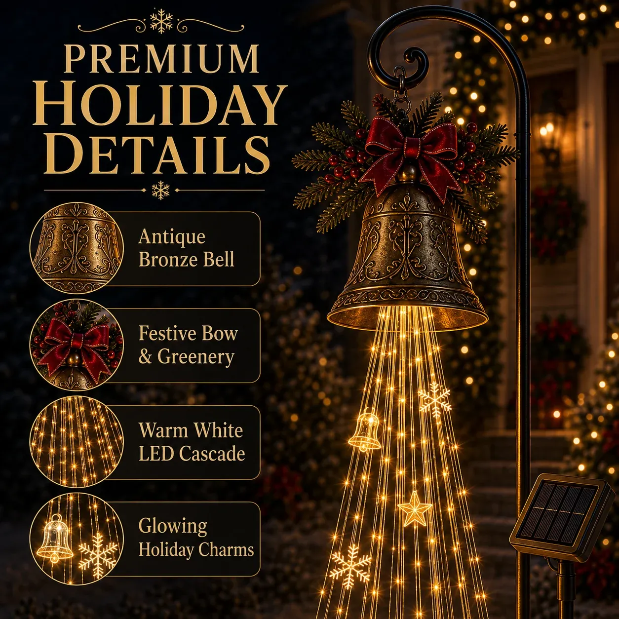 Close-up details of the bronze-style bell bow greenery and light charms