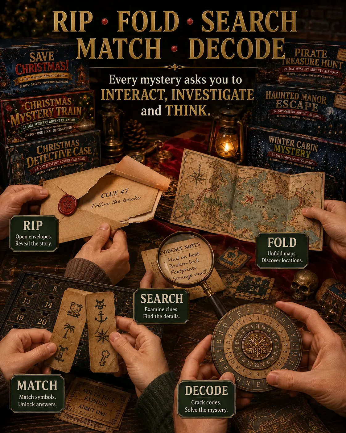 Hands ripping, folding, searching, matching and decoding mystery pieces