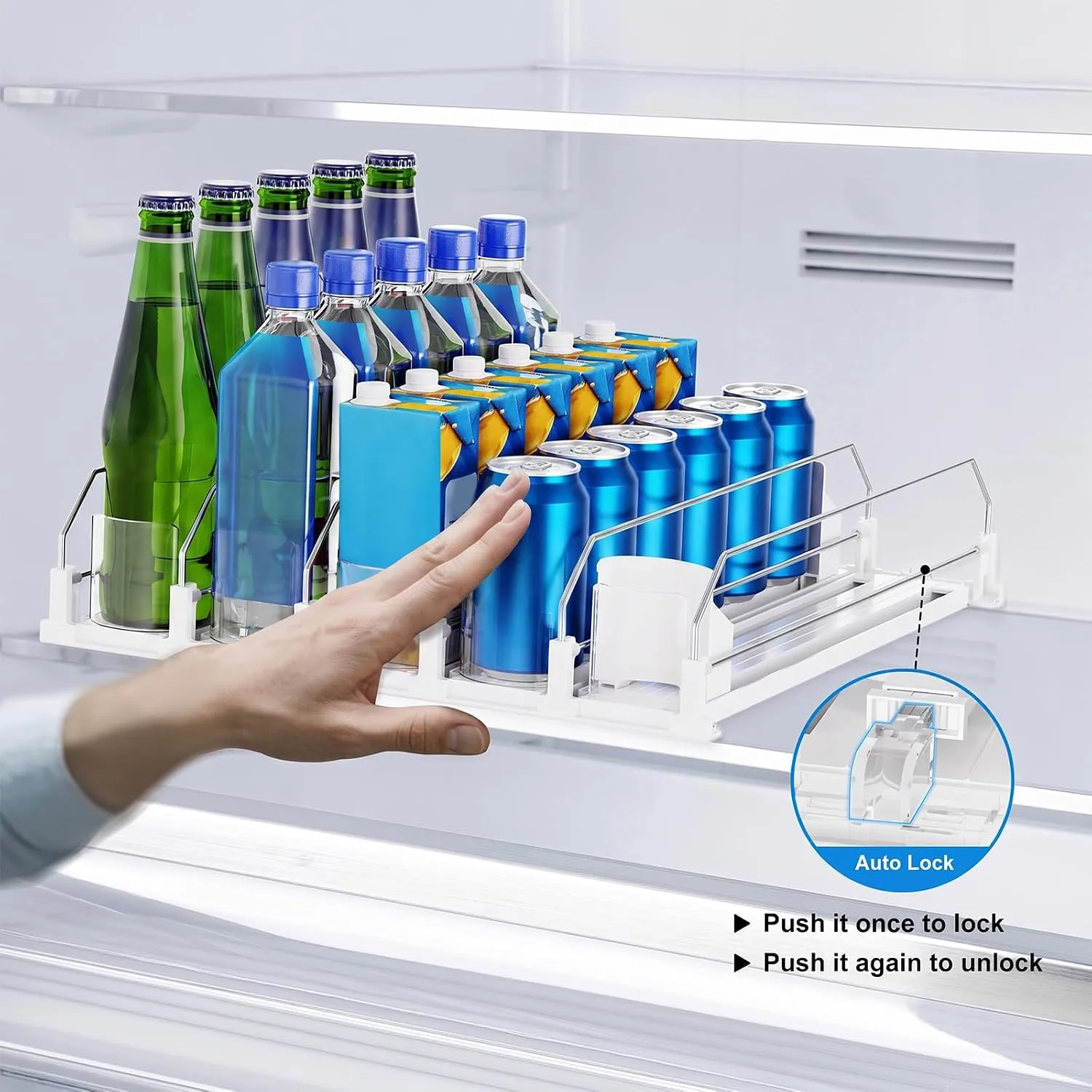 Spring-loaded drink organizer in a refrigerator
