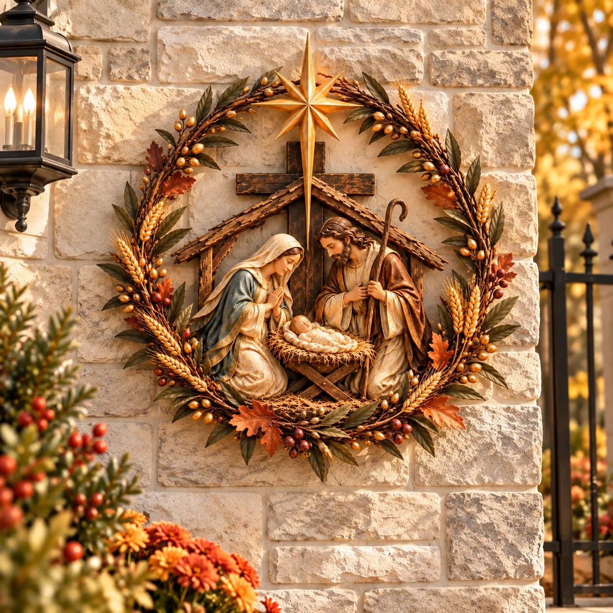 Nativity wreath on light stone wall