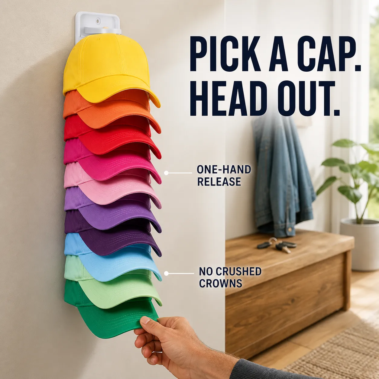 White wall-mounted organizer holding ten colorful baseball caps
