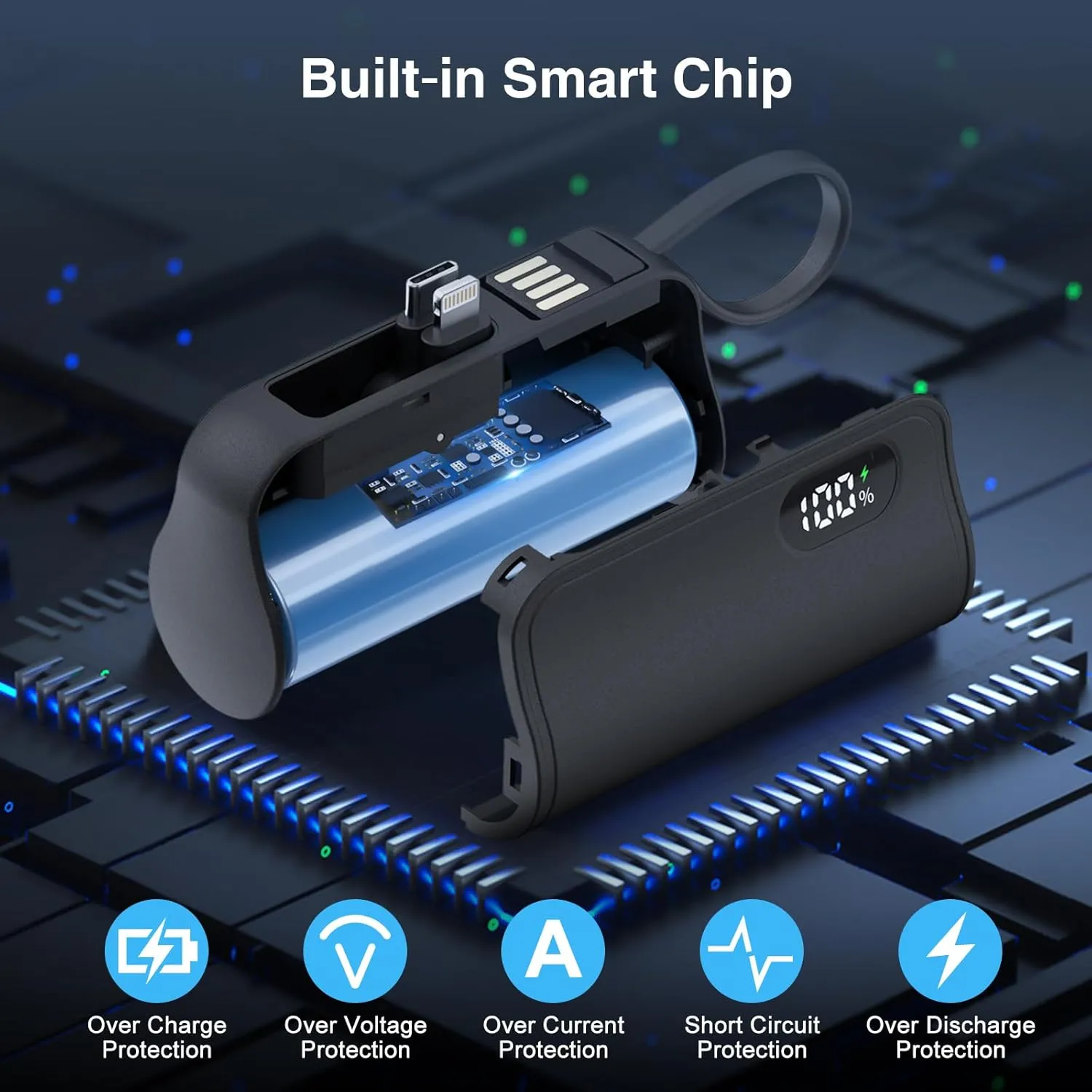 Mini Capsule Power Bank: 5000mAh Pocket-Sized Charger with Built-in Cable