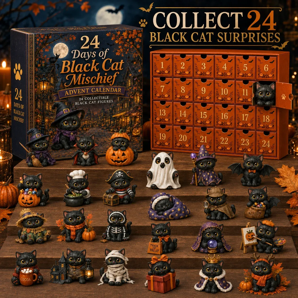 Spooky black cat character collection