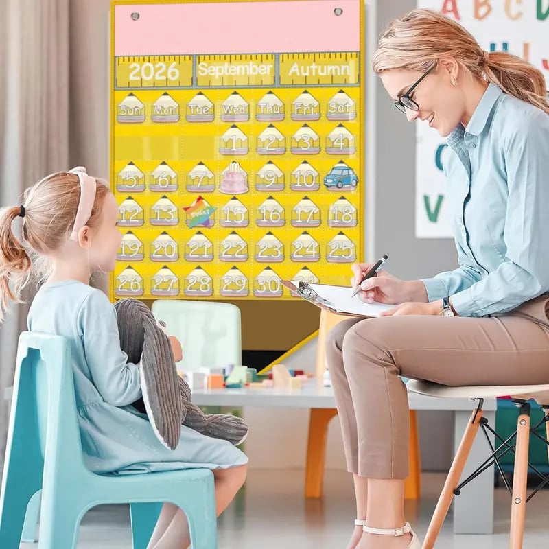 Giant pencil-shaped classroom calendar pocket chart with learning cards