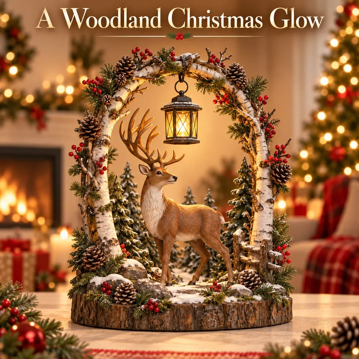 Detailed Reindeer Figurine with Snowy Woodland Base