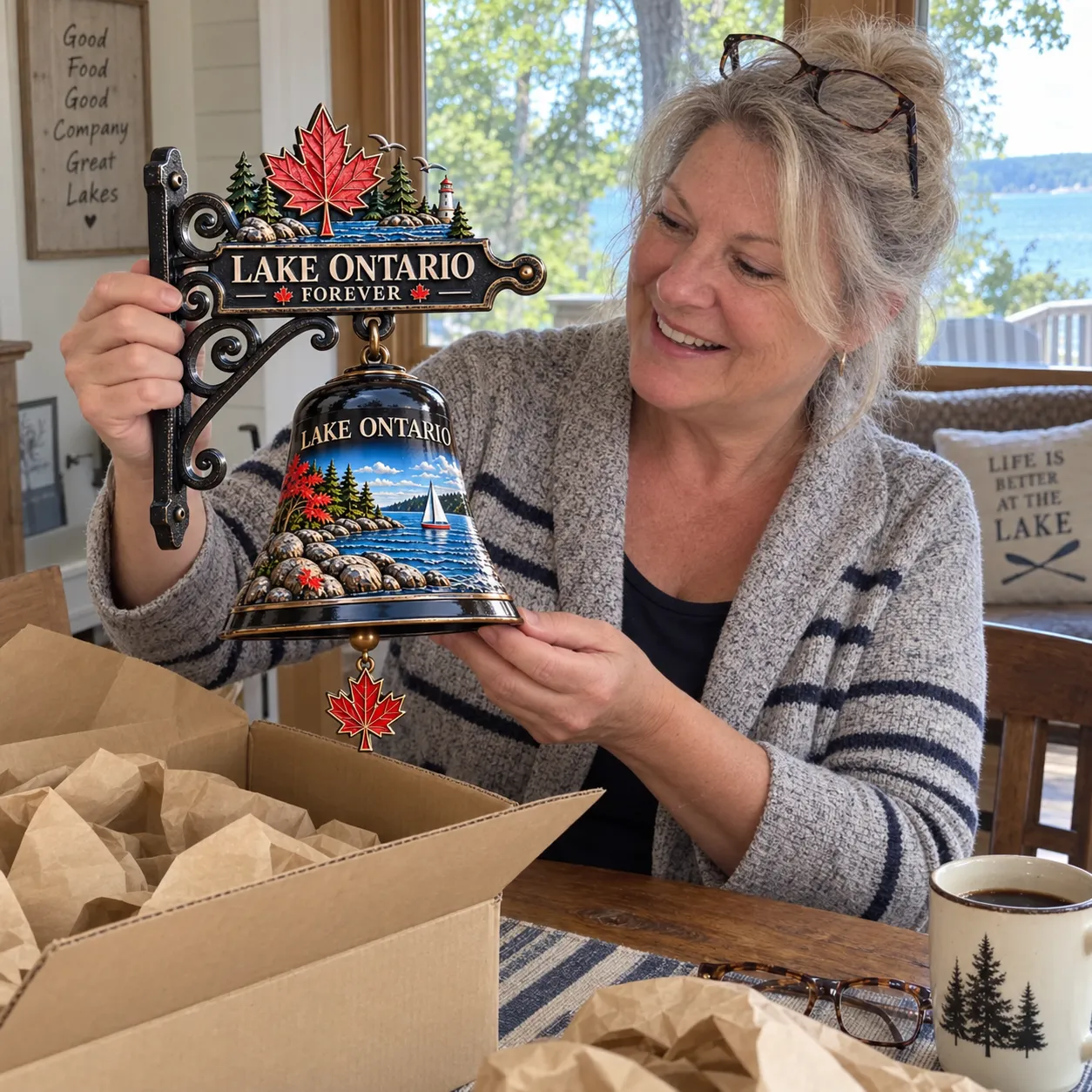 Customer opening her Lake Ontario hanging bell at a lakeside cottage