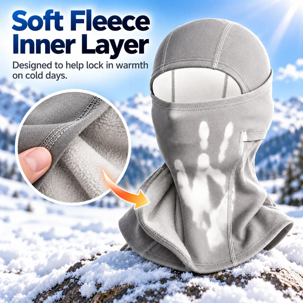Close-up of the soft fleece inner layer of the gray balaclava