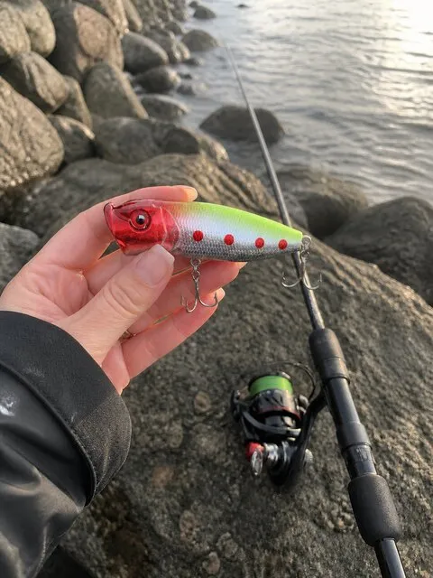 Woman angler holding the popper beside a shoreline rod