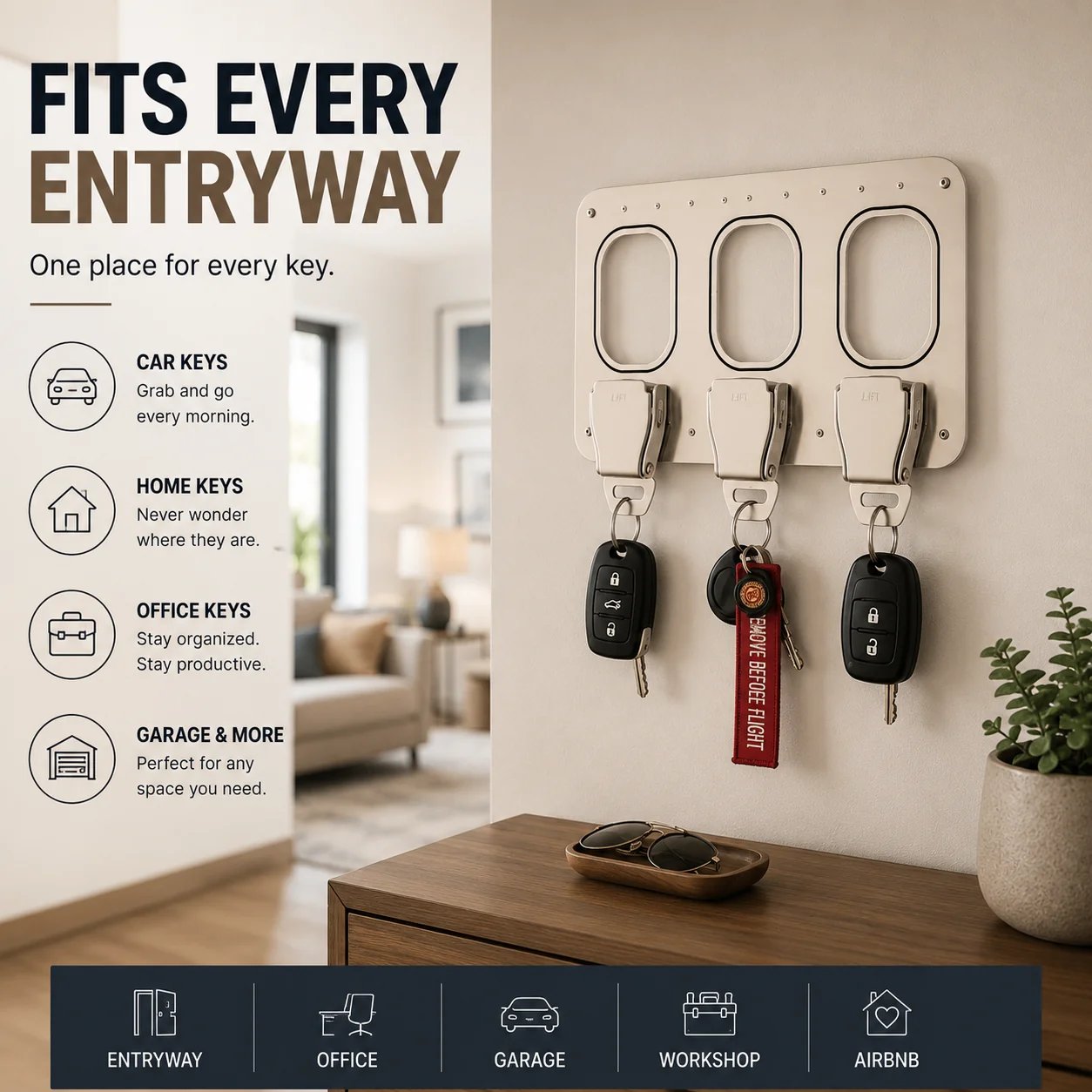 Aviation key organizer in entryway and office
